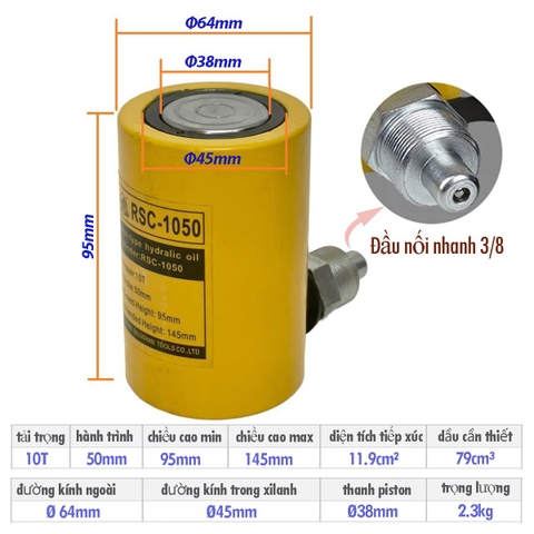 Kích Thủy Lực 10 Tấn hành trình 50mm RSC-1050 thân cao 95mm