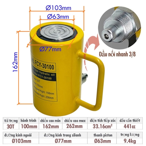Kích thủy lực 1 chiều  hành trình 100mm