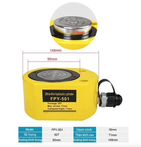 Kích thủy lực lùn FPY-501, tải trọng 50 tấn thân mỏng 71mm, hành trình 18mm
