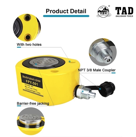 Kích thủy lực lùn FPY-501, tải trọng 50 tấn thân mỏng 71mm, hành trình 18mm