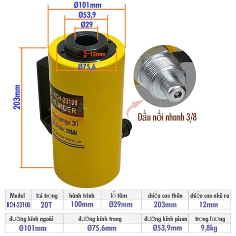 Kích Rỗng thủy lực 20 tấn 100mm TAD RCH-20100