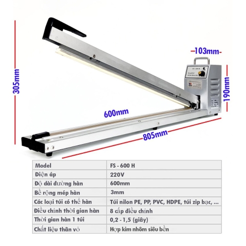Máy hàn miệng túi tay dài Vĩnh Khang Ruixiang 60cm, 80cm, 100cm