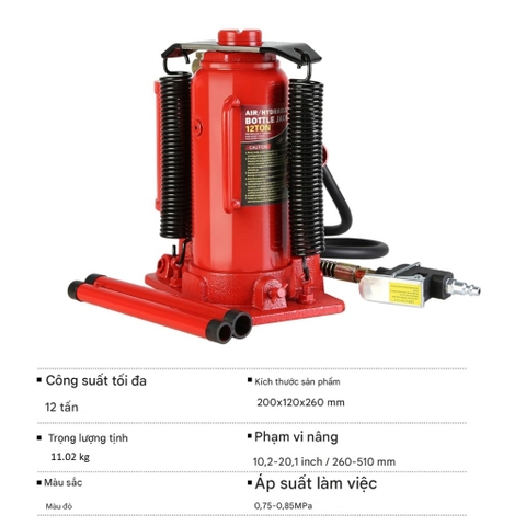 Con đội thủy lực Khí Nén 12 Tấn nâng Từ 26–51cm