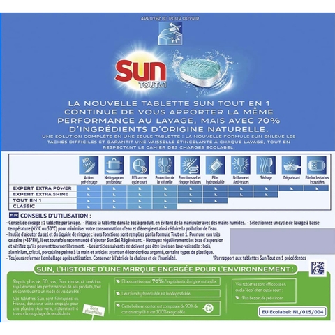 Viên rửa bát Sun hiệu quả lành tính chính hãng Pháp All in 1 (đã gồm muối, bóng + vệ sinh máy)