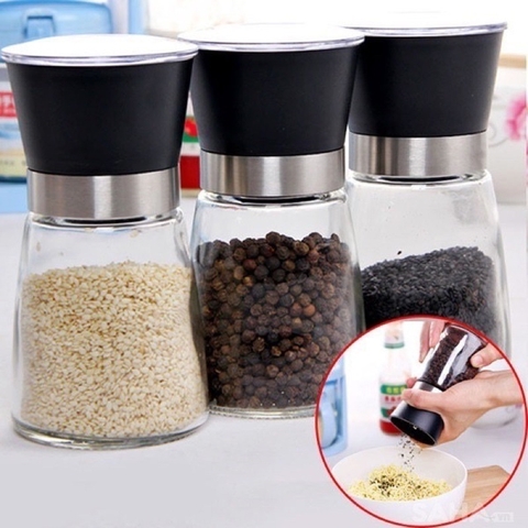 Hũ Xay Tiêu, Muối ớt, Gia Vị Cầm Tay thủy tinh nắp inox cao cấp