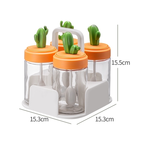 Bộ 4 hũ gia vị thủy tinh nắp xương rồng kèm khay cực cute