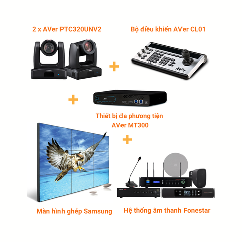 Gói giải pháp phòng họp lớn: 2 x AVer PTC320UNV2 + AVer MT300 + AVer CL01 + Màn hình ghép + Hệ thống âm thanh Fonestar