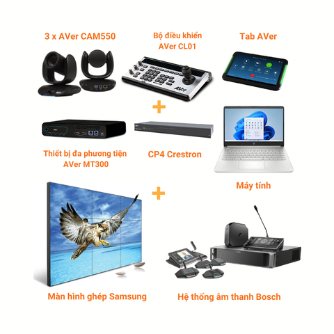 Gói giải pháp phòng họp luxury: 3x AVer CAM550 + AVer MT300N + AVer CL01 + Màn hình ghép Samsung + Hệ thống âm thanh Bosch + CP4 Crestron + Máy tính + Tab AVer