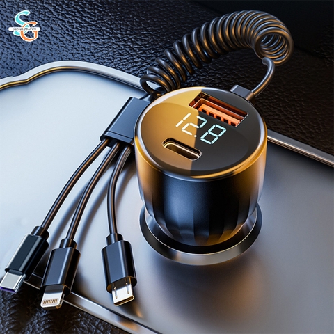 Tẩu Sạc Nhanh Ô Tô DS-222 - Tích Hợp Dây Sạc 3 Đầu Cho Xe.