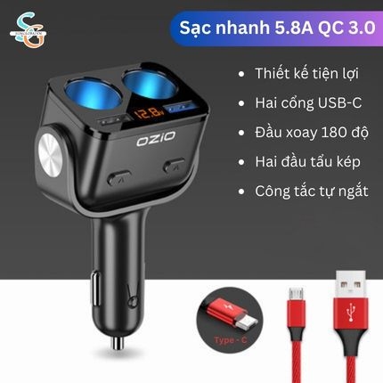 Bộ chia tẩu và sạc nhanh trên ô tô OZIO Y34Q