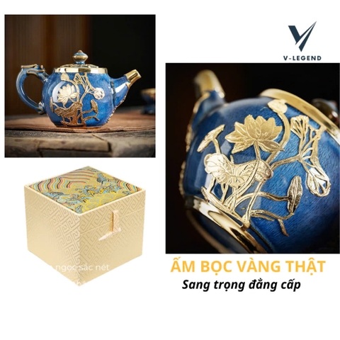 Ấm Chén Mạ Vàng 24K Men Ngọc Vương Giả – Kiệt Tác Thủ Công Thượng Lưu Kèm Hộp Lụa Cao Cấp