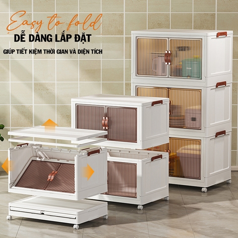 Tủ Nhựa đựng đồ đa năng, 3,4,5 tầng Gấp Gọn Có bánh xe 360° cửa mở bằng nam châm