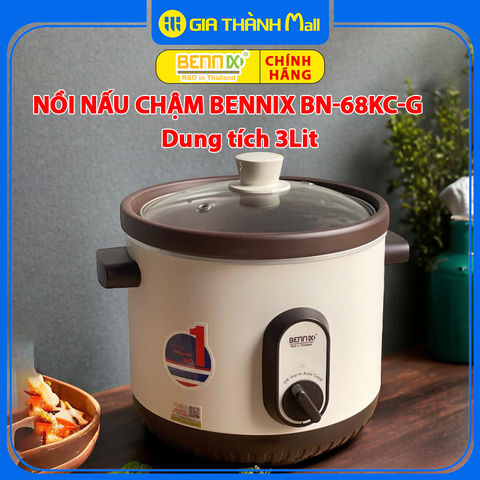 Nồi Nấu Chậm Bennix Thái Lan BN-68KC-G Dung tích 3Lit, Màu nâu (nắp kính), bảo hành 24 tháng