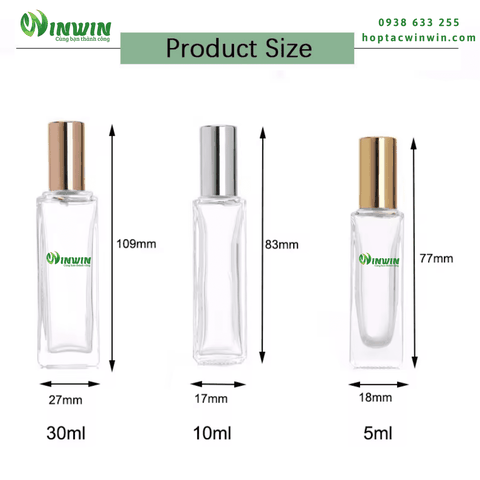 Chai thủy tinh đầu lăn 5ml 10ml 30ml dáng vuông cao