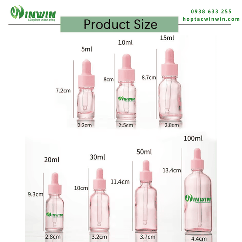 Chai thủy tinh nhỏ giọt dáng tròn màu hồng 5ml 10ml 15ml 20ml 30ml 50ml 100ml