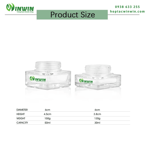 Hũ thủy tinh đựng mỹ phẩm dáng vuông 30g 50g màu trong