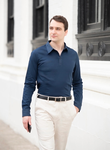 Áo Polo Nam Dệt Thoi Cotton Lụa SYD Dài Tay | Navy