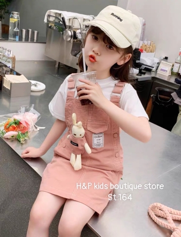 G081-Set áo cotton yếm gấu hồng đại