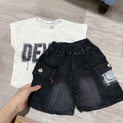 T719-Set áo SN chữ DEVISE trắng q jean đen (09.25kg)
