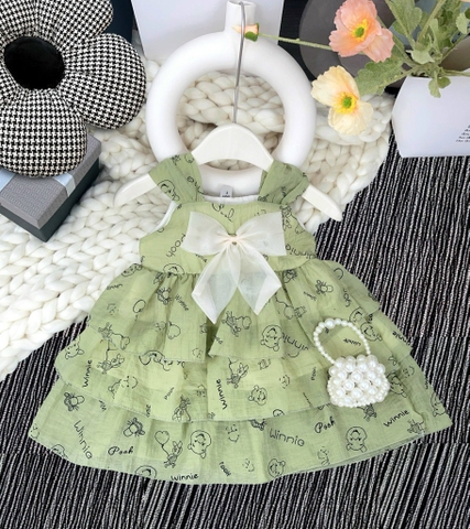 V102-Váy tơ xanh hồng 3 tầng đính nơ (XẢ)