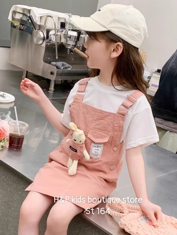 G081-Set áo cotton yếm gấu hồng đại