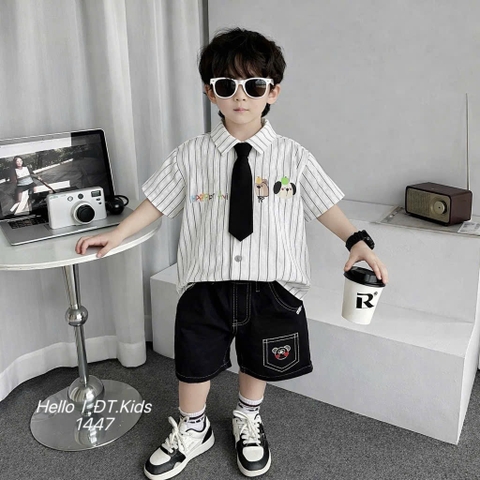 T597-Set sơ mi kẻ cà vạt q lửng đen (10.18kg)