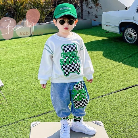 BTN007-Set áo sweater gấu caro q jean (XẢ)