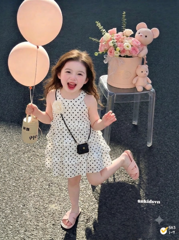 V451-Váy chấm bi cổ yếm hoa trà (10.15kg)
