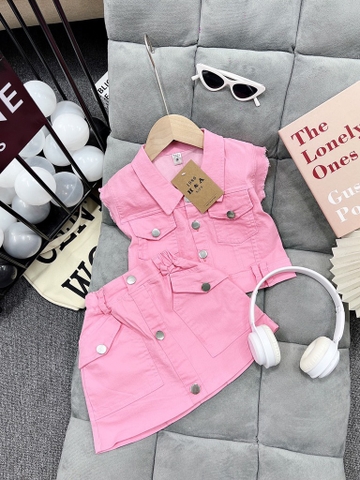 G079-Set jean hồng sát nách bấm khuy