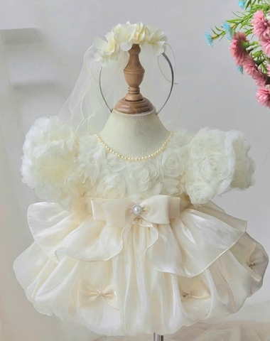 V345-Váy thiết kế cổ tròn tơ kem xoè (07.17kg)