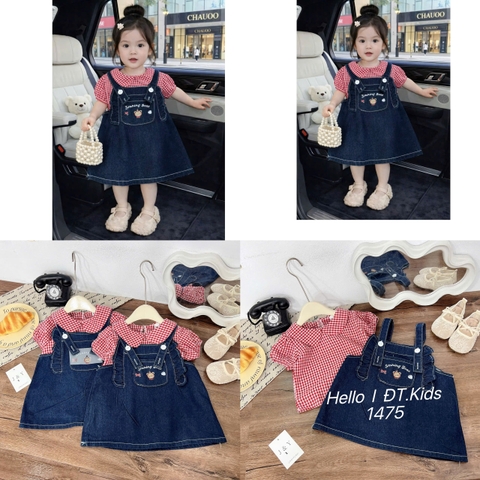 V379-Set áo caro đỏ váy yếm jean (10.20kg)