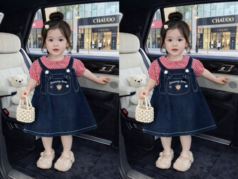 V379-Set áo caro đỏ váy yếm jean (10.20kg)