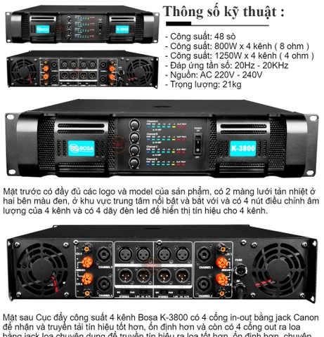 MAIN CỤC ĐẨY BOSA 4 KÊNH K-3800, 4CHX800W, 48 SÒ