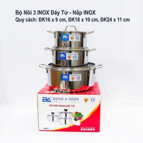 Bộ 3 nồi inox 1 đáy nắp Inox Đông Á