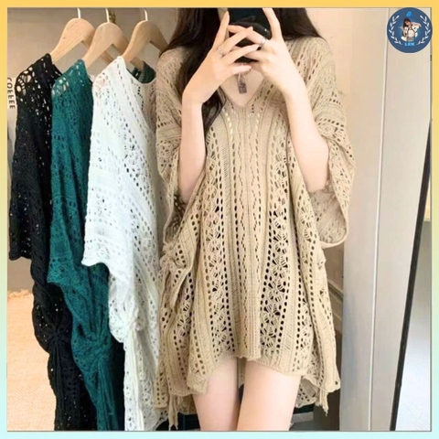 [A419] Áo LƯỚI len dệt kim CHOÀNG ĐUÔI CÁ TAY CÁNH DƠI phom rộng phối rút eo đi biển cá tính - L2M (New)