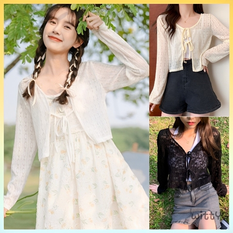 [A175] Áo KHOÁC len nữ Cardigan CỘT 2 DÂY NƠ tay dài mỏng nhẹ dịu dàng