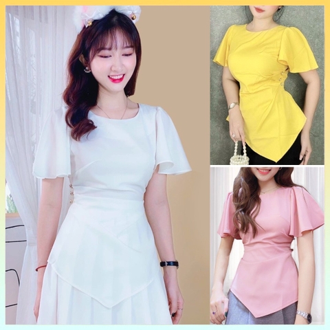 [HĐT] Áo sơ mi kiểu nữ peplum cổ tròn VẠT NHỌN TAY BÈO có chun eo giấu bụng hiệu quả - L2M (Sale)