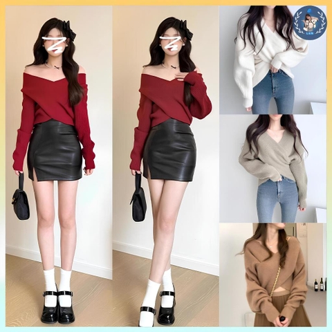 [A451] Áo len nữ Montoghi dệt kim PHỐI CHÉO 2 BÊN mặc được nhiều kiểu tay dài sang trọng - L2M (New)