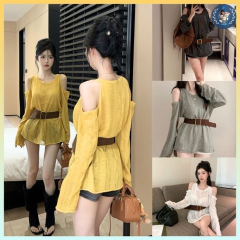 [A464] Set Áo len LƯỚI montoghi KHOÉT VAI KÈM ĐAI TO tay dài mặc ngoài đi biển dễ phối đồ - L2M (New)