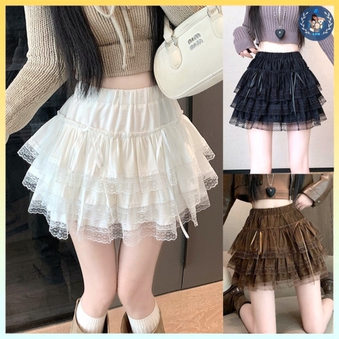 [Q094] Chân váy XÒE PHỐI REN ĐÍNH 2 NƠ DÀI có lót trong lưng thun co giãn dáng ngắn xinh xắn - L2M (New)
