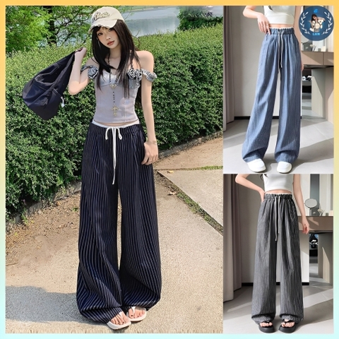 [Q093] Quần ống suông JEANS MỀM KẺ SỌC phồi VIỀN TRẮNG LƯNG THUN co giãn dễ phối đồ - L2M (New)