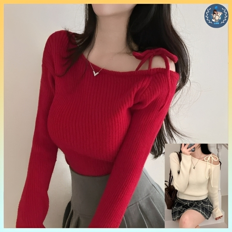 [A457] Áo len thun Montoghi dệt kim LỆCH 1 BÊN VAI phối NƠ BUỘC tay dài xinh xắn sang trọng - L2M (New)