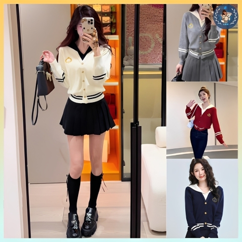 [A468] Áo len nữ Montoghi dệt kim CỔ V THỦY THỦ PHỐI VIỀN LOGO cài nút tay dài sang trọng - L2M (New)