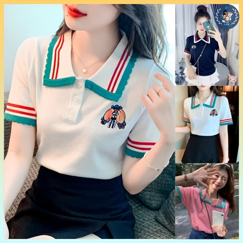 [A030] Áo len thun nữ Montoghi dệt kim Quảng Châu thêu LOGO cộc tay polo PHỐI VIỀN thanh lịch - L2M