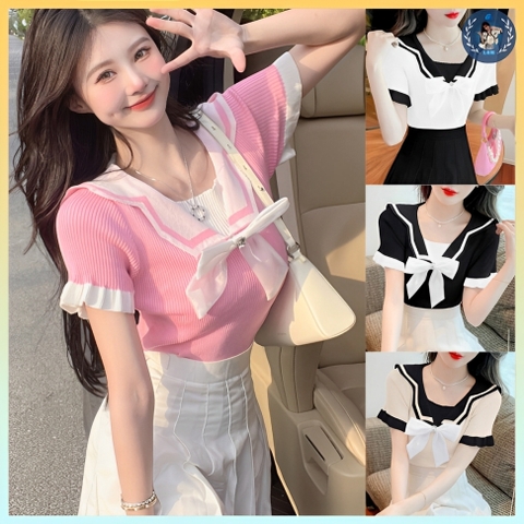 [A019] Áo len thun nữ dệt kim Montoghi CÀI NƠ CỔ dáng ôm kết hợp TAY BÈO Quảng Châu ngắn xinh - L2M  (Hot)