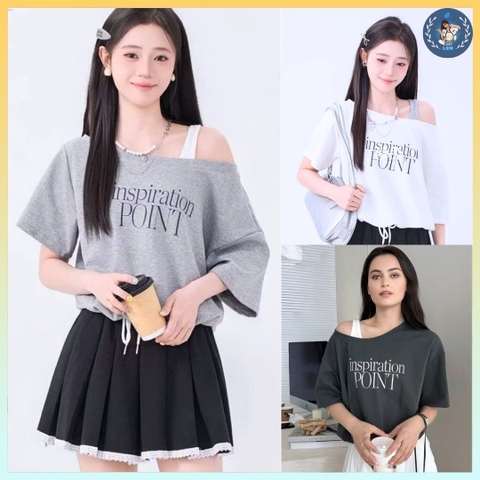 [A435] SET 2 ÁO NHÚM EO NỬA TRƯỚC thun cổ tròn phối chữ POINT dáng croptop trễ vai siêu xinh - L2M (New)
