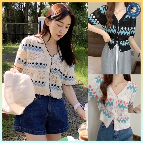 [A106] Áo len lưới Montoghi dệt kim cài nút họa tiết THỔ CẨM gợn sóng Quảng Châu siêu xinh - L2M
