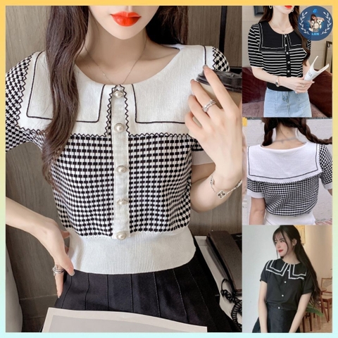 [A093] Áo len thun nữ Montoghi dệt kim CỔ LÁ SEN VUÔNG tay ngắn hàng QC phối nút thanh lịch - L2M