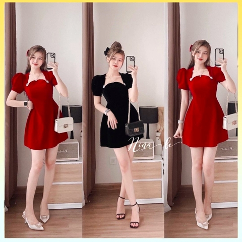 [A089] Đầm NHUNG 2 màu đính HOA TUYẾT dáng chữ A siêu xinh - L2M (Sale)