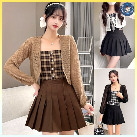 [A217] SET (2 MÓN) áo KHOÁC len lưới kèm áo CARO đính nút thời trang Quảng Châu năng động - L2M